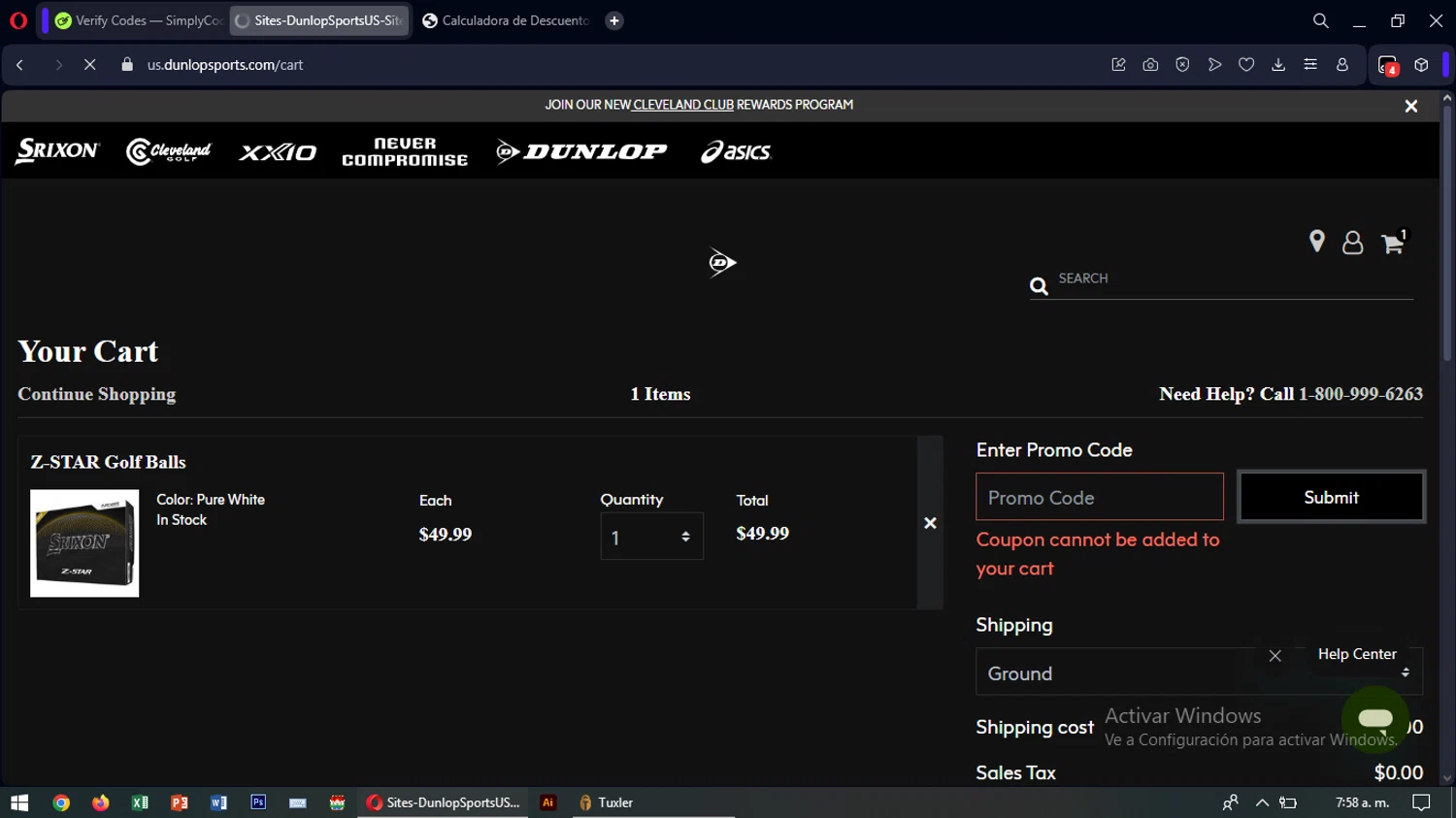 Srixon promo code screenshot showing code B3G12025 applied at Srixon checkout page. Uploaded by SimplyCodes community member SavingsTiger3479 on Apr 1, 2025