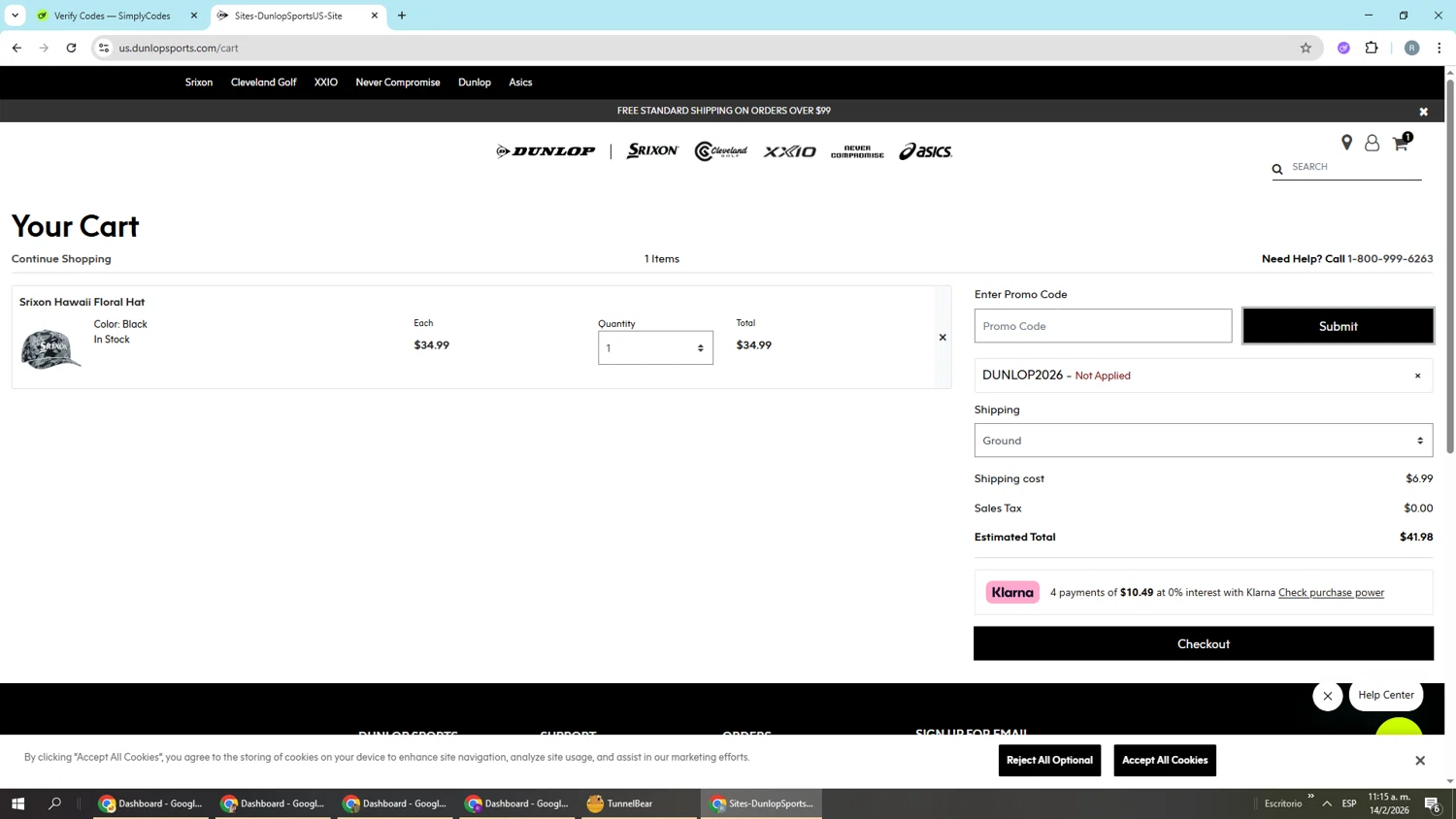 Srixon checkout page showing Srixon promo code box | Screenshot taken by SimplyCodes community member on Feb 14, 2026