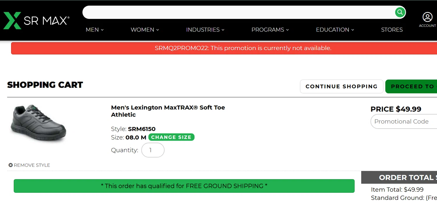 SR Max Slip promo code screenshot showing code SRMQ2PROMO22 applied at SR Max Slip checkout page. Uploaded by SimplyCodes community member Sanemi on Feb 18, 2025