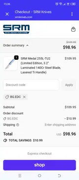 SRM Knives coupon verification screenshot