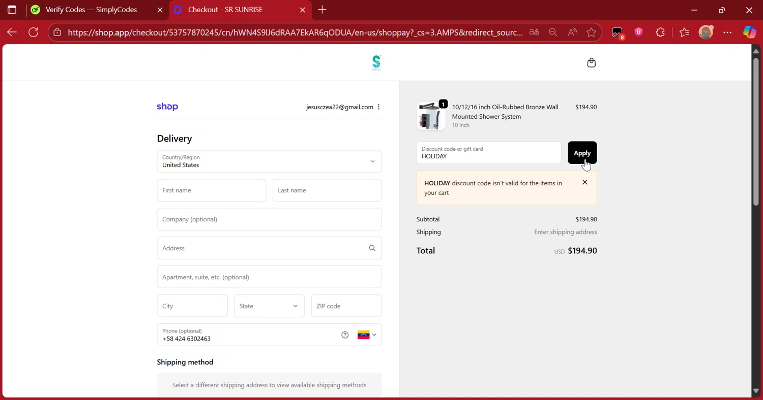 SR SUNRISE US promo code screenshot showing code HOLIDAY applied at SR SUNRISE US checkout page. Uploaded by SimplyCodes community member DiscountScout1417 on Oct 23, 2025