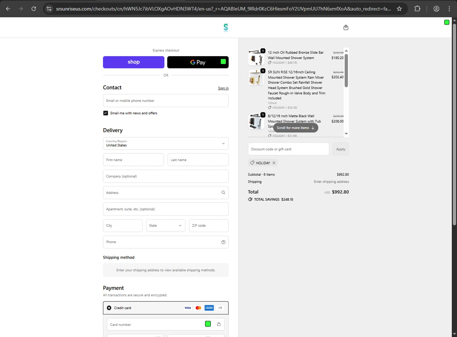SR SUNRISE US promo code screenshot showing code HOLIDAY applied at SR SUNRISE US checkout page. Uploaded by SimplyCodes community member luffyreturn on Nov 15, 2025