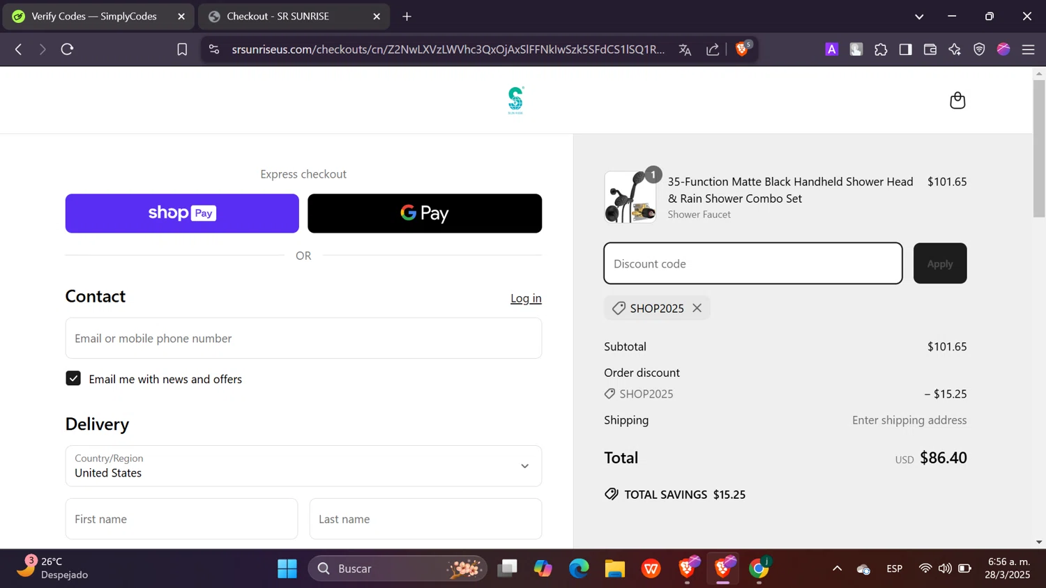 SR SUNRISE US promo code screenshot showing code SHOP2025 applied at SR SUNRISE US checkout page. Uploaded by SimplyCodes community member Toji_fushiguro on Mar 28, 2025