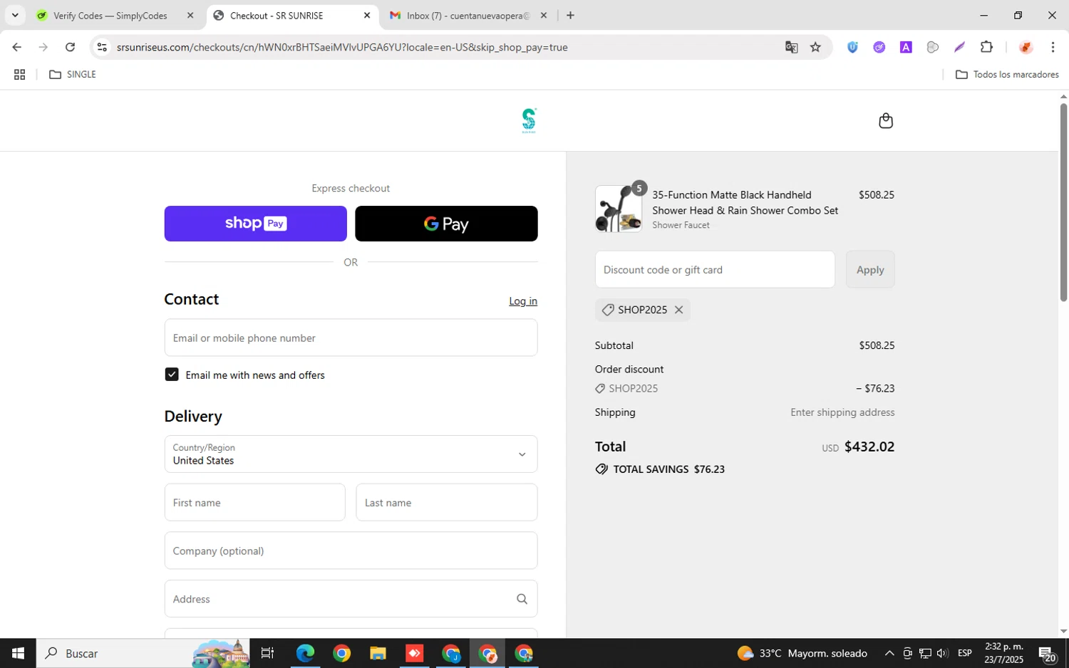 SR SUNRISE US promo code screenshot showing code SHOP2025 applied at SR SUNRISE US checkout page. Uploaded by SimplyCodes community member chemozavala on Jul 23, 2025