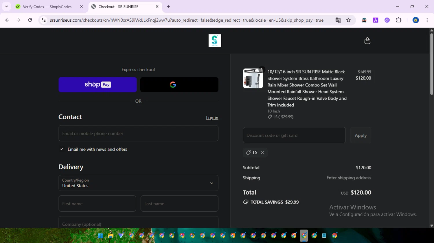 SR SUNRISE US promo code screenshot showing code Ls applied at SR SUNRISE US checkout page. Uploaded by SimplyCodes community member SwiftWarden6832 on Jul 23, 2025