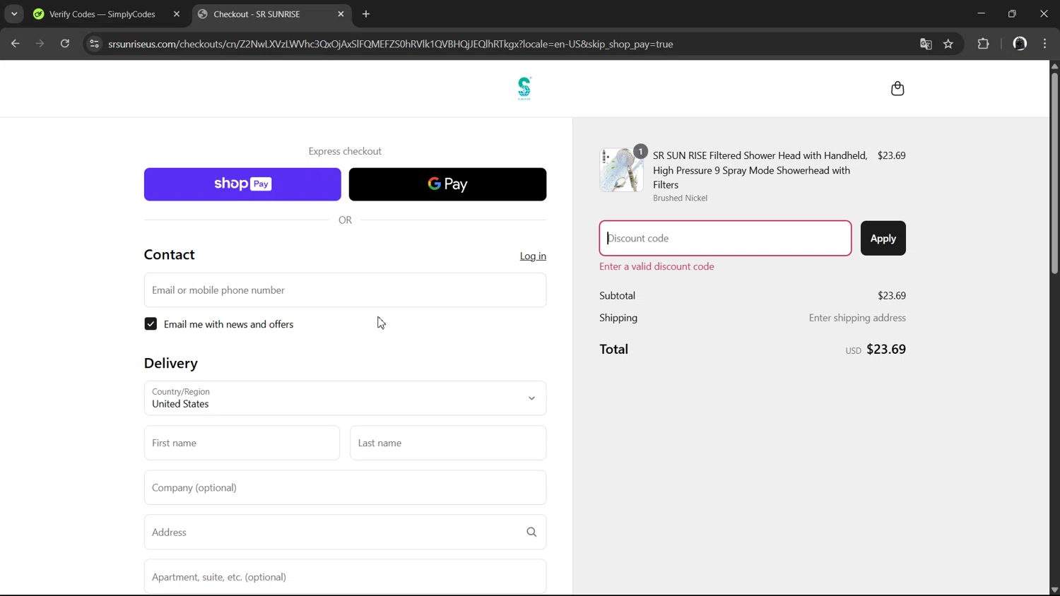 SR SUNRISE US promo code screenshot showing code usa2025 applied at SR SUNRISE US checkout page. Uploaded by SimplyCodes community member RedGuy on Mar 31, 2025
