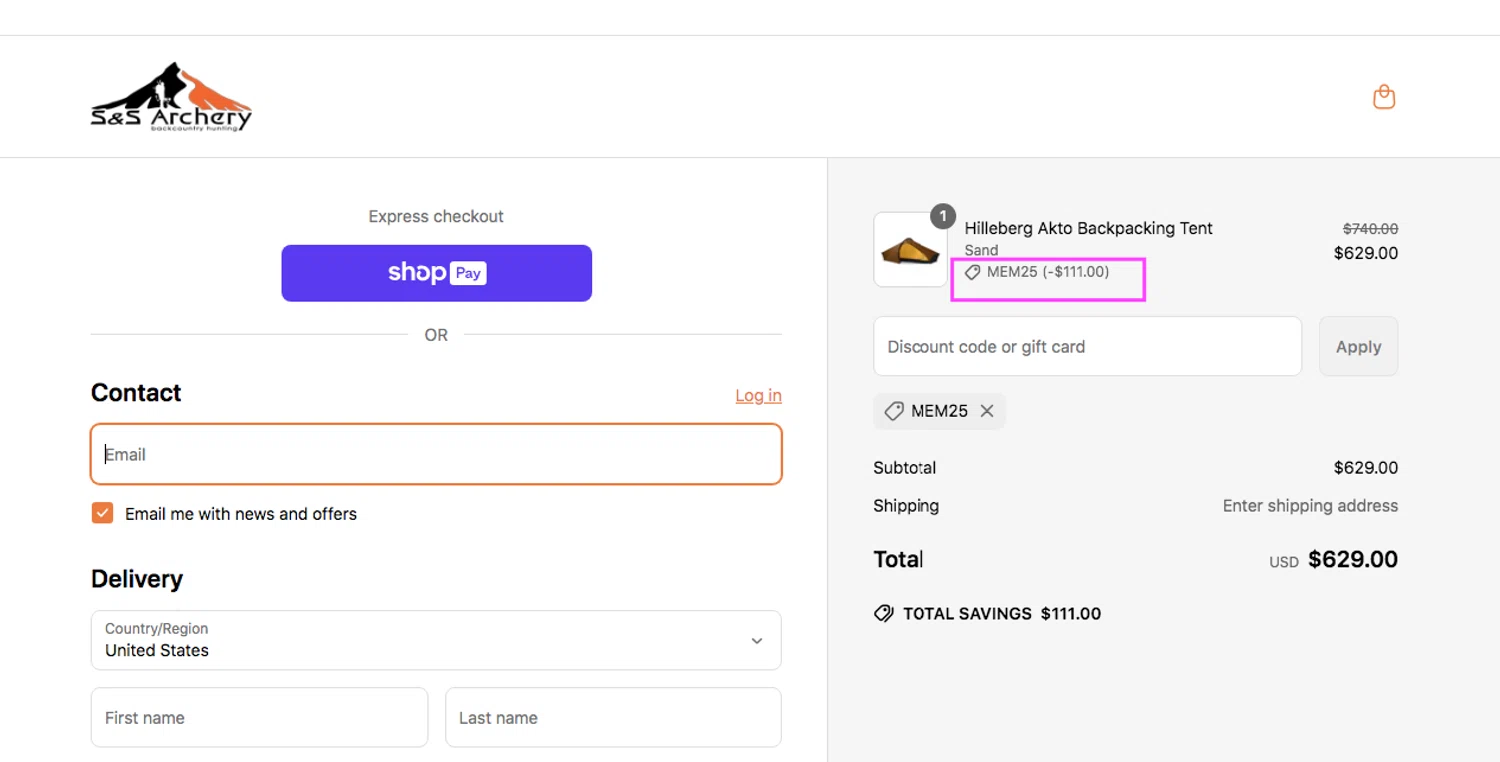 S&S Archery promo code screenshot showing code MEM25 applied at S&S Archery checkout page. Uploaded by SimplyCodes community member AlejandraSarmiento on May 23, 2025