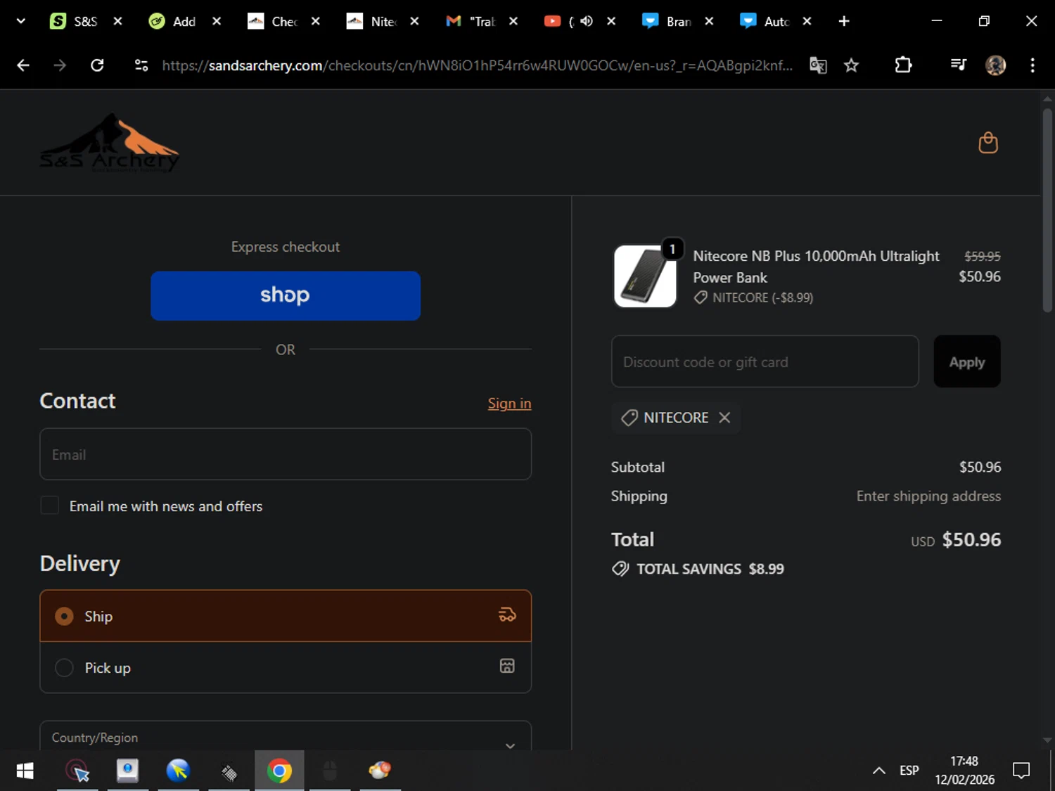 S&S Archery promo code screenshot showing code nitecore applied at S&S Archery checkout page. Uploaded by SimplyCodes community member MarcosAranguren on Feb 12, 2026