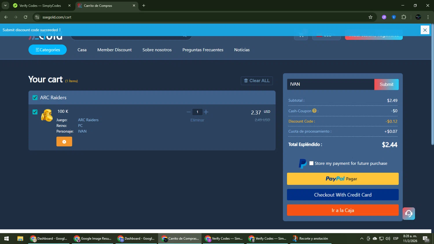 ssegold.com promo code screenshot showing code IVAN applied at ssegold.com checkout page. Uploaded by SimplyCodes community member CarmenVGR on Feb 11, 2026