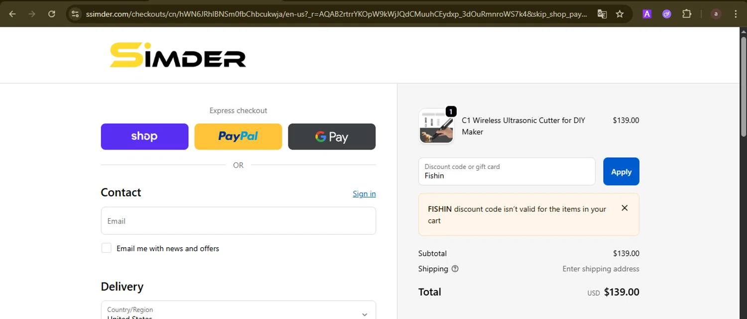 S SIMDER WELDER promo code screenshot showing code Fishin applied at S SIMDER WELDER checkout page. Uploaded by SimplyCodes community member GoldCurator1773 on Dec 11, 2025