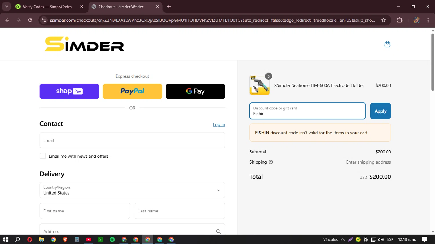 S SIMDER WELDER promo code screenshot showing code Fishin applied at S SIMDER WELDER checkout page. Uploaded by SimplyCodes community member BudgetHunter9184 on Mar 19, 2025