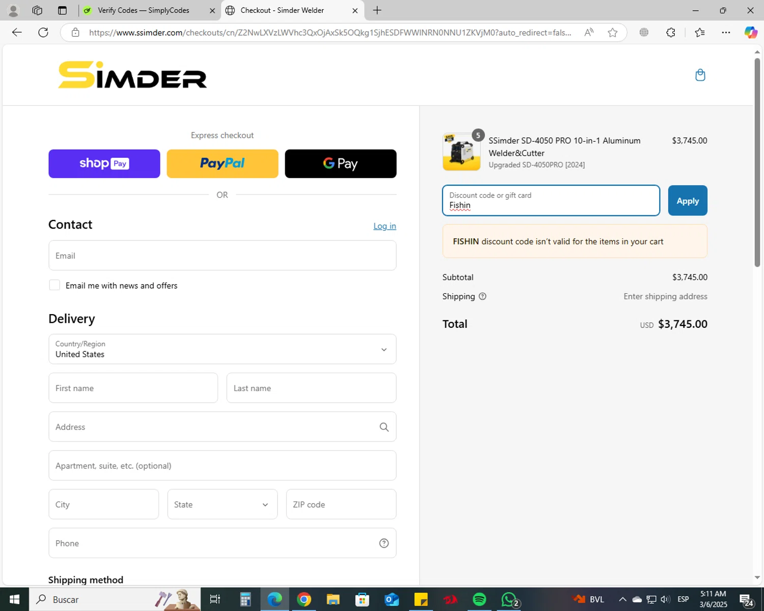 S SIMDER WELDER promo code screenshot showing code Fishin applied at S SIMDER WELDER checkout page. Uploaded by SimplyCodes community member jechtff10 on Mar 6, 2025
