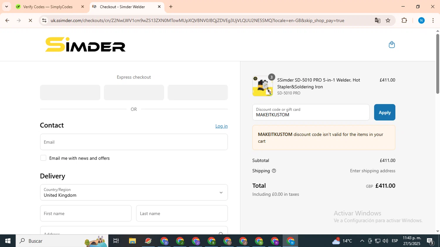 S SIMDER WELDER promo code screenshot showing code MAKEITKUSTOM applied at S SIMDER WELDER checkout page. Uploaded by SimplyCodes community member CoinHawk678 on May 28, 2025