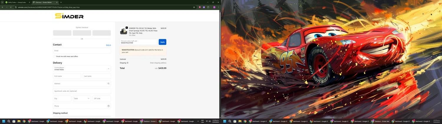 S SIMDER WELDER promo code screenshot showing code MAKEITKUSTOM applied at S SIMDER WELDER checkout page. Uploaded by SimplyCodes community member RoyalSentinel4577 on Sep 25, 2025
