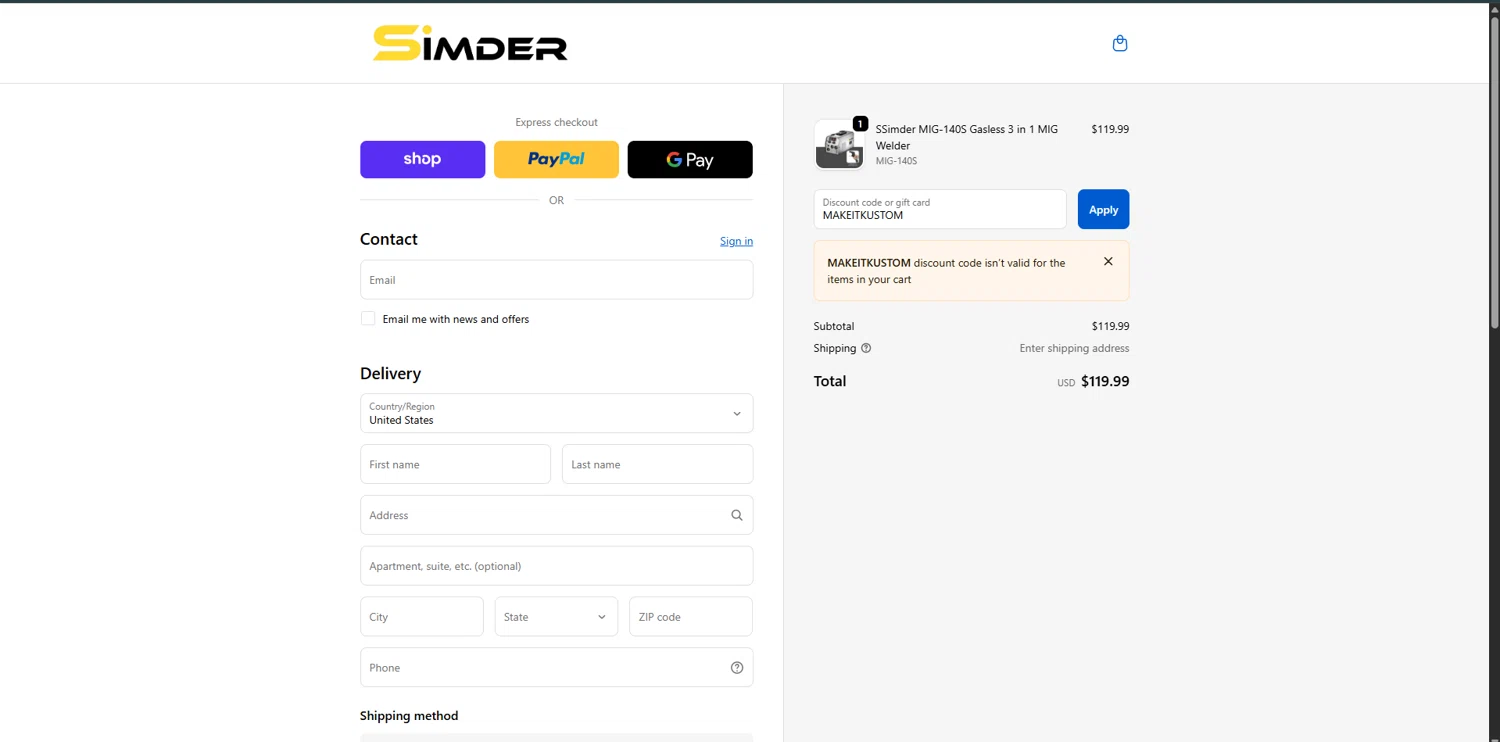S SIMDER WELDER promo code screenshot showing code MAKEITKUSTOM applied at S SIMDER WELDER checkout page. Uploaded by SimplyCodes community member ValiantSleuth7563 on Dec 11, 2025