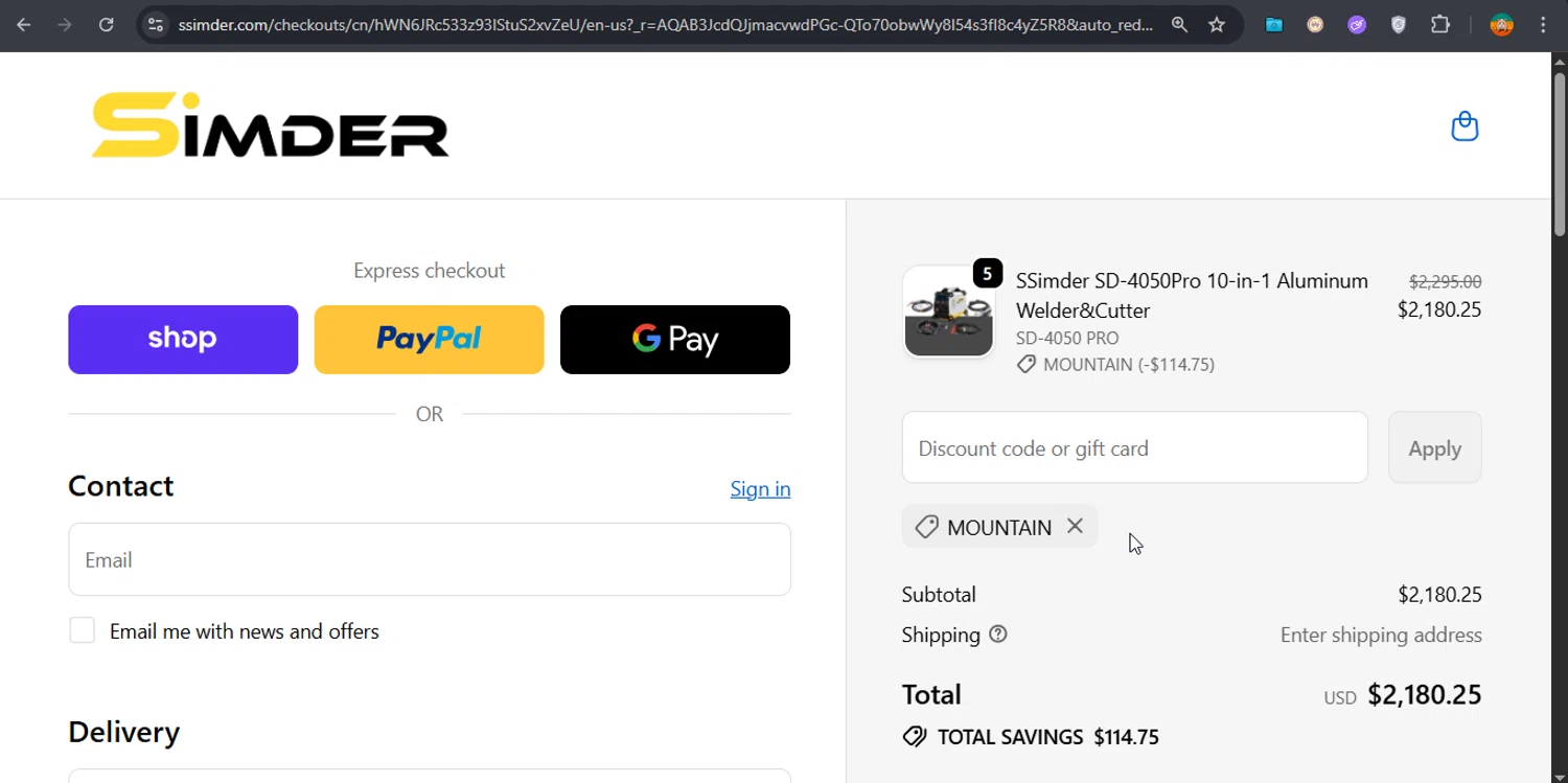 S SIMDER WELDER promo code screenshot showing code MOUNTAIN applied at S SIMDER WELDER checkout page. Uploaded by SimplyCodes community member PrimeShopper6600 on Dec 11, 2025