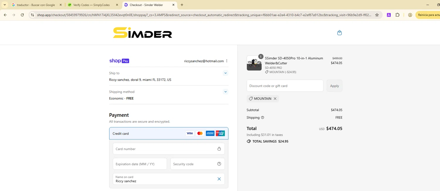 S SIMDER WELDER promo code screenshot showing code MOUNTAIN applied at S SIMDER WELDER checkout page. Uploaded by SimplyCodes community member ShieldTitan9442 on Jul 27, 2025