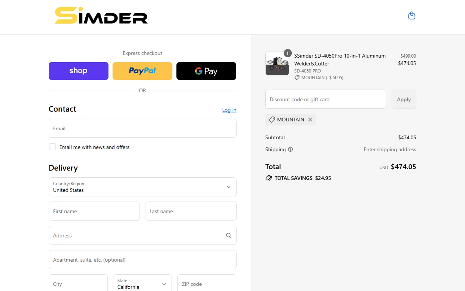 S SIMDER WELDER promo code screenshot showing code MOUNTAIN applied at S SIMDER WELDER checkout page. Uploaded by SimplyCodes community member joandgray9 on Aug 31, 2025