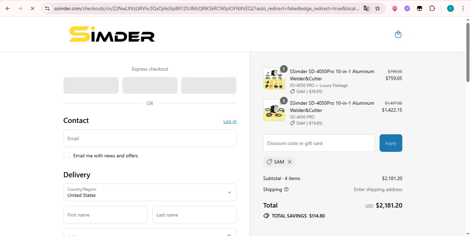 S SIMDER WELDER promo code screenshot showing code Sam applied at S SIMDER WELDER checkout page. Uploaded by SimplyCodes community member LAZURDINHA on Jul 4, 2025