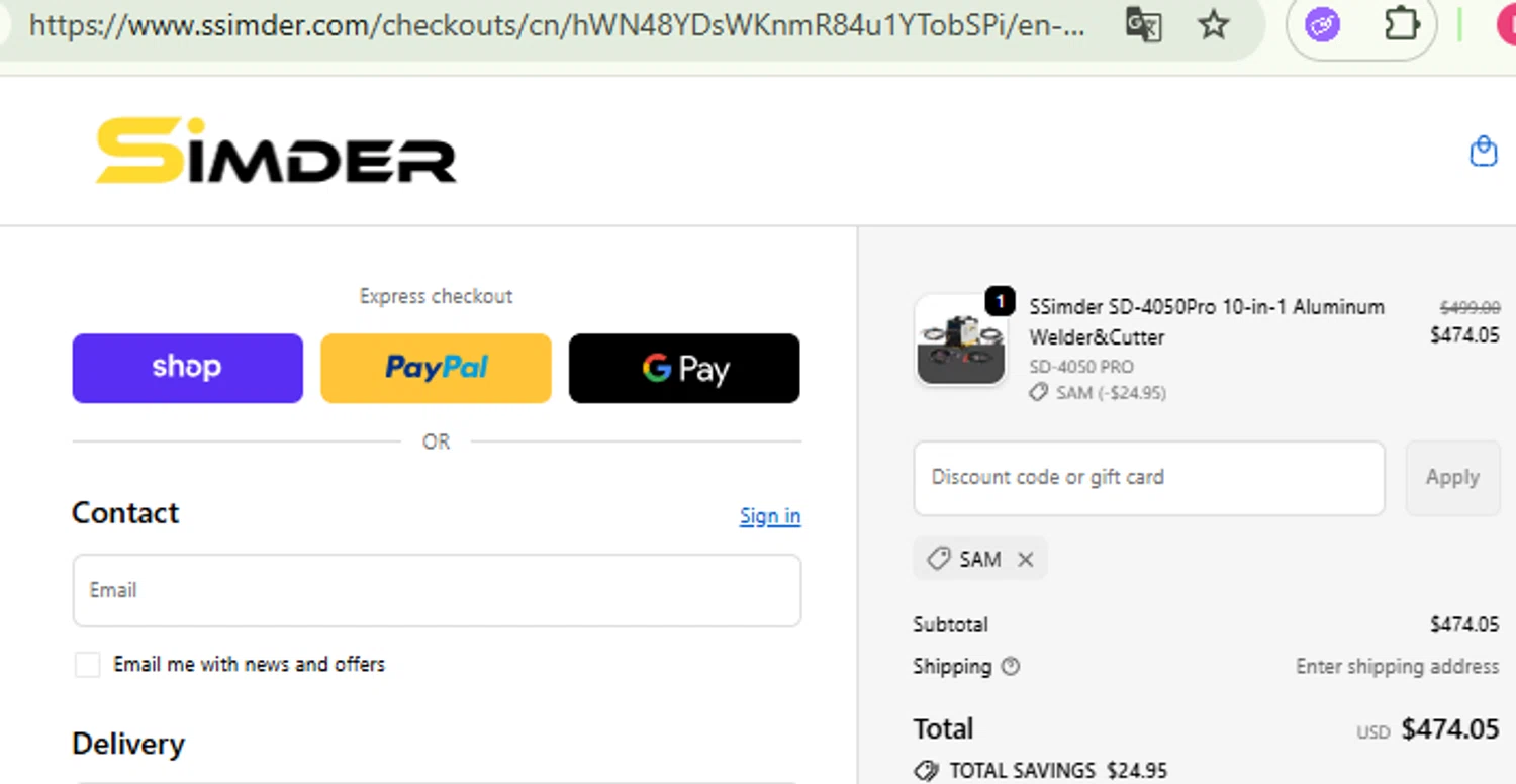 S SIMDER WELDER promo code screenshot showing code Sam applied at S SIMDER WELDER checkout page. Uploaded by SimplyCodes community member RewardFinder4836 on Oct 15, 2025