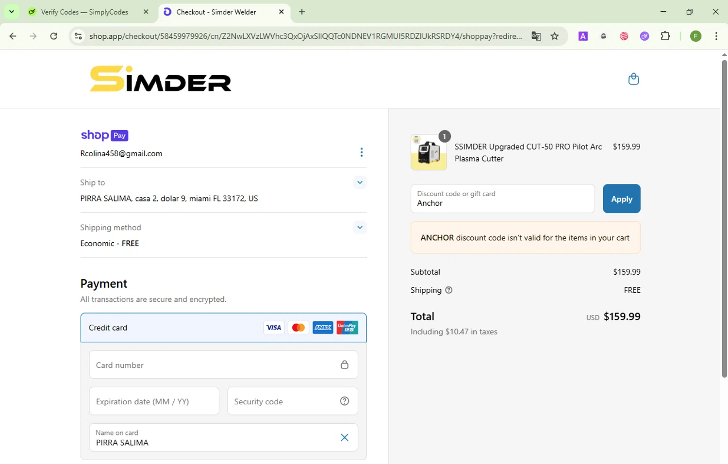 S SIMDER WELDER promo code screenshot showing code Anchor applied at S SIMDER WELDER checkout page. Uploaded by SimplyCodes community member Fish3r on Jun 26, 2025