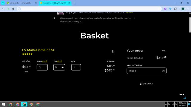 SSLs.com checkout page showing SSLs.com discount code box | Screenshot taken by SimplyCodes community member on Jul 14, 2025