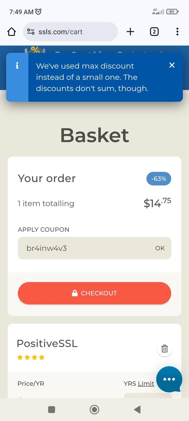 SSLs.com checkout page showing SSLs.com discount code box | Screenshot taken by SimplyCodes community member on Jun 20, 2025