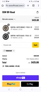 SSW Off-Road coupon verification screenshot