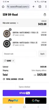 SSW Off-Road coupon verification screenshot