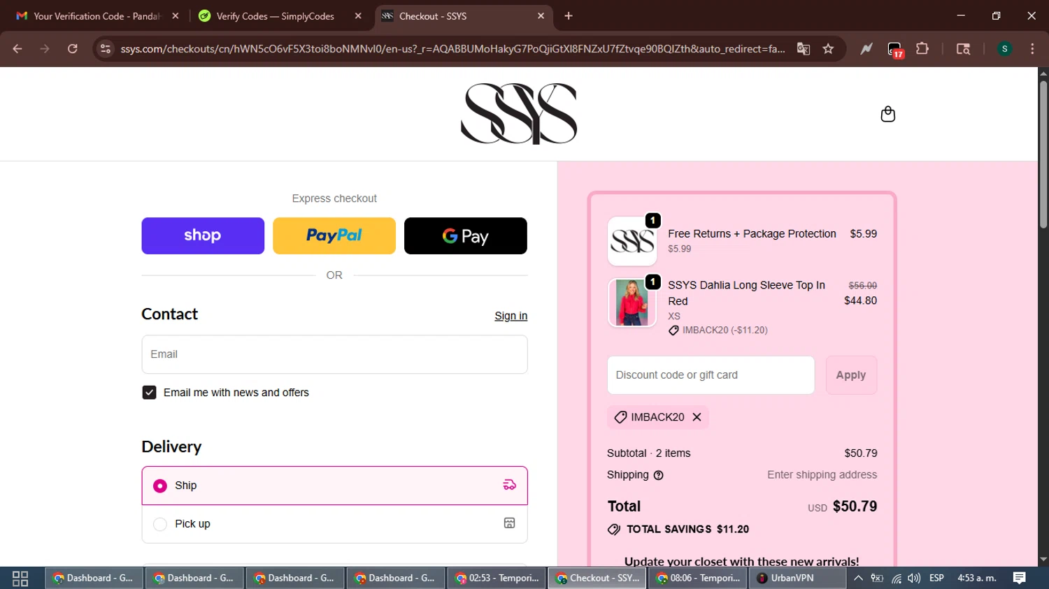 SSYS discount code screenshot showing code IMBACK20 applied at SSYS checkout page. Uploaded by SimplyCodes community member ShrewdAce7935 on Nov 23, 2025
