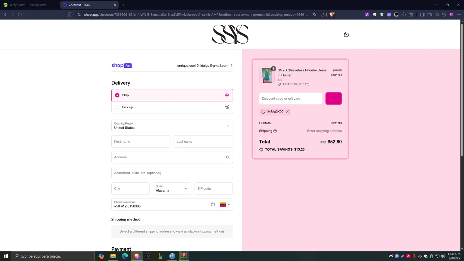 SSYS discount code screenshot showing code IMBACK20 applied at SSYS checkout page. Uploaded by SimplyCodes community member Tragedy on Aug 3, 2025
