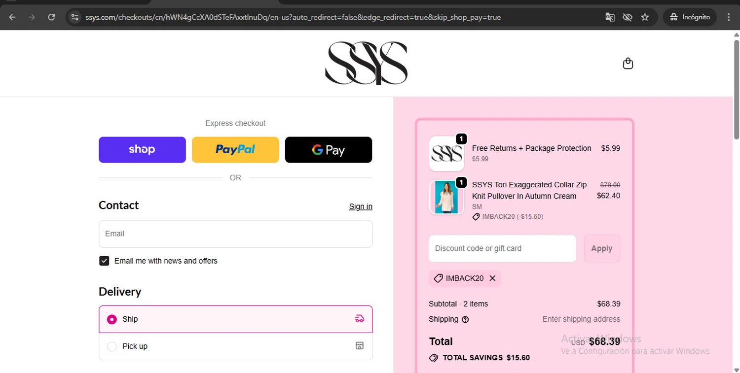 SSYS discount code screenshot showing code IMBACK20 applied at SSYS checkout page. Uploaded by SimplyCodes community member UchihaMadara on Oct 29, 2025
