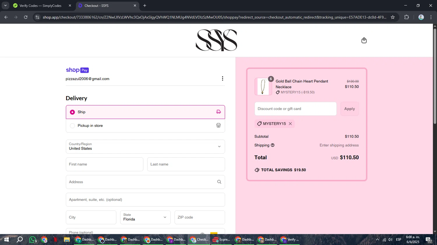 SSYS discount code screenshot showing code MYSTERY15 applied at SSYS checkout page. Uploaded by SimplyCodes community member ShrewdSeeker6165 on Jun 6, 2025