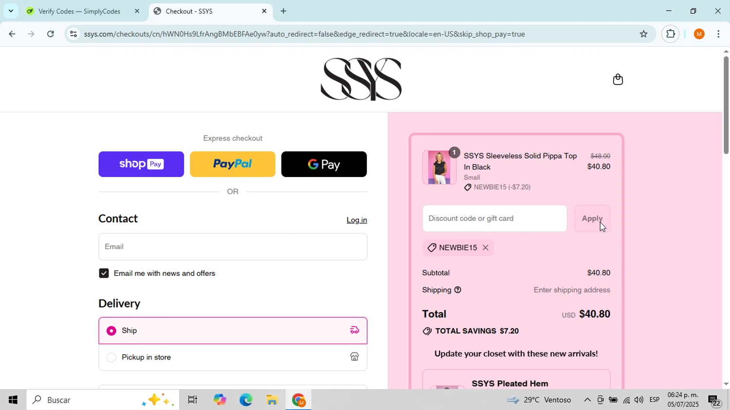 SSYS discount code screenshot showing code NEWBIE15 applied at SSYS checkout page. Uploaded by SimplyCodes community member WonderDefender8727 on Jul 5, 2025