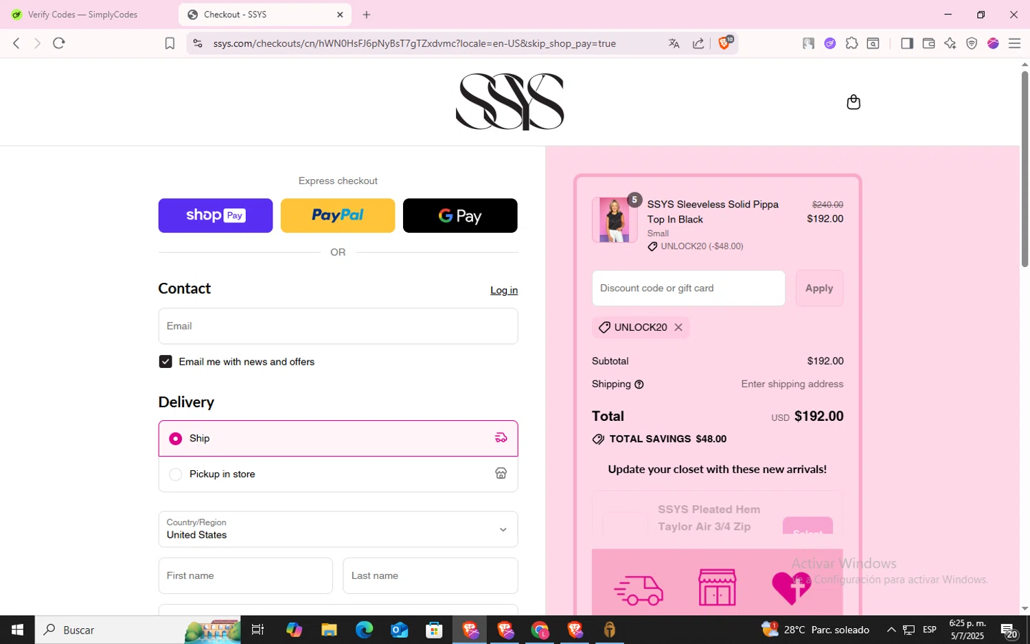 SSYS discount code screenshot showing code UNLOCK20 applied at SSYS checkout page. Uploaded by SimplyCodes community member CodeLynx5272 on Jul 5, 2025