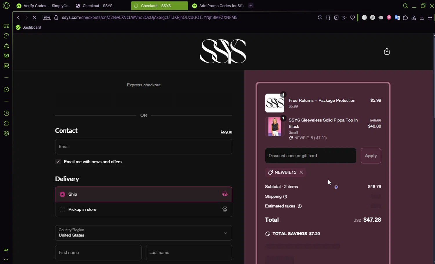 SSYS discount code screenshot showing code NEWBIE15 applied at SSYS checkout page. Uploaded by SimplyCodes community member Ema007 on Jun 6, 2025