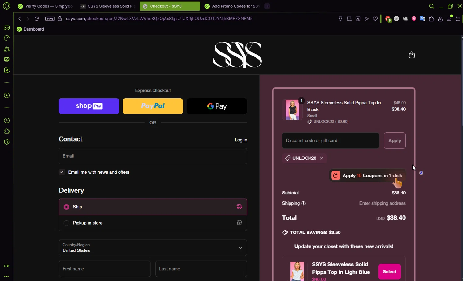 SSYS discount code screenshot showing code UNLOCK20 applied at SSYS checkout page. Uploaded by SimplyCodes community member Jisus007 on Jun 6, 2025