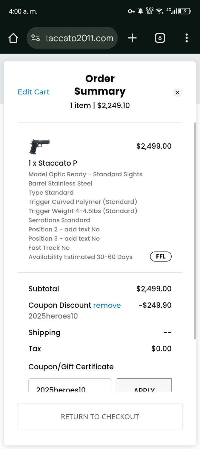 Staccato 2011 coupon code screenshot showing code 2025heroes10 applied at Staccato 2011 checkout page. Uploaded by SimplyCodes community member Ryan_Garcia on Sep 24, 2025