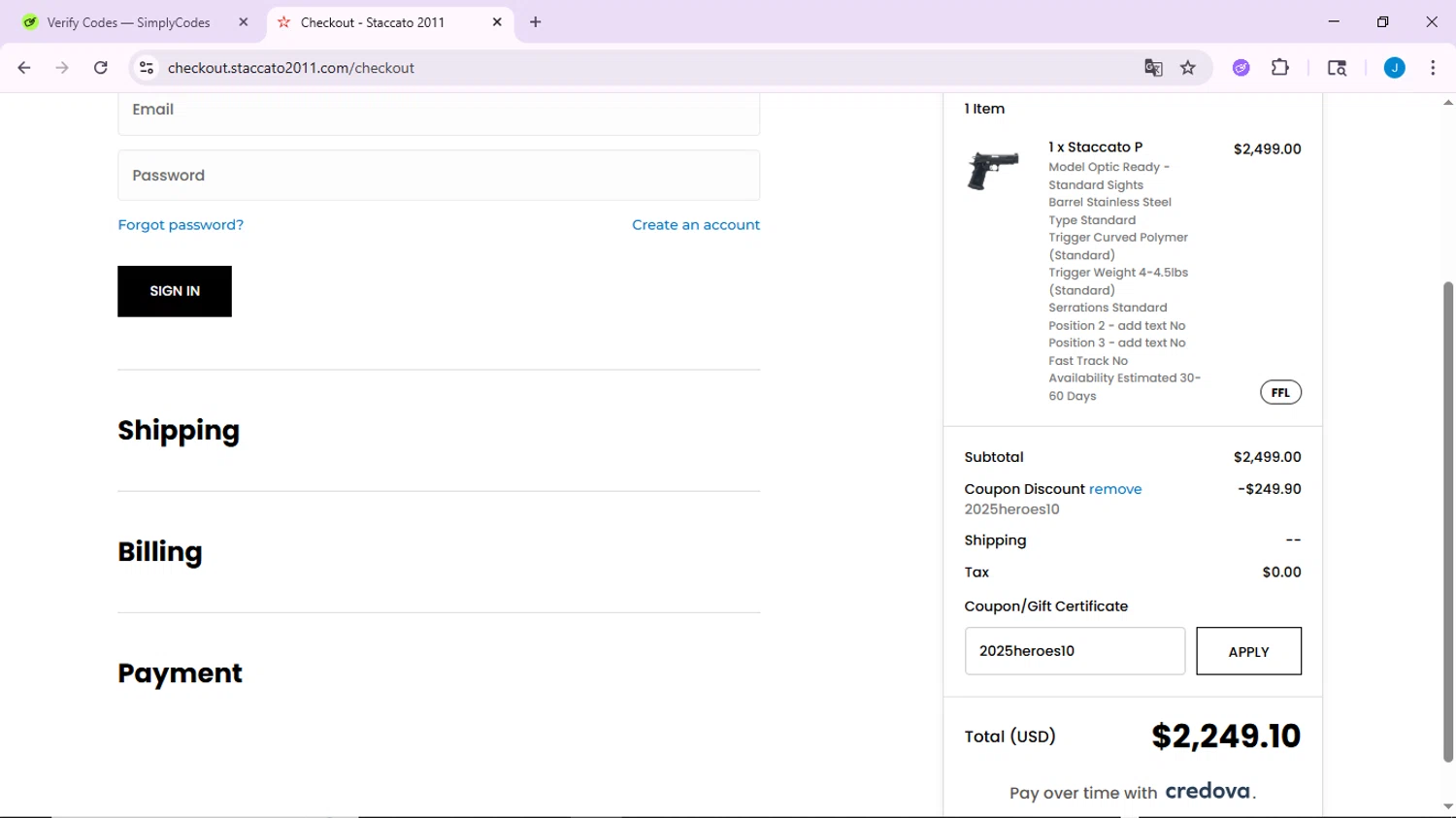 Staccato 2011 coupon code screenshot showing code 2025heroes10 applied at Staccato 2011 checkout page. Uploaded by SimplyCodes community member CodeLynx3161 on Sep 24, 2025