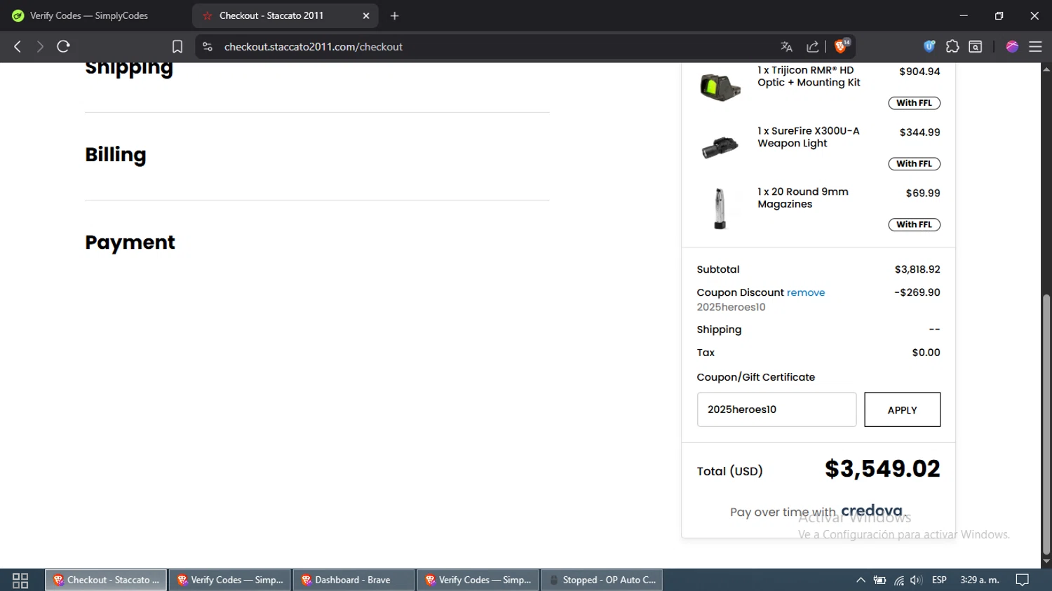 Staccato 2011 coupon code screenshot showing code 2025heroes10 applied at Staccato 2011 checkout page. Uploaded by SimplyCodes community member Samira on Sep 24, 2025