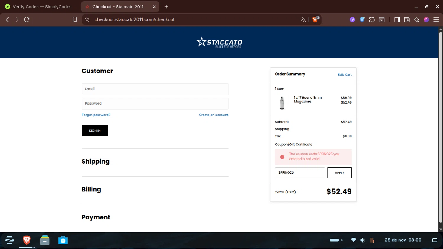 Staccato 2011 coupon code screenshot showing code SPRING25 applied at Staccato 2011 checkout page. Uploaded by SimplyCodes community member SwiftTracker9305 on Nov 25, 2025