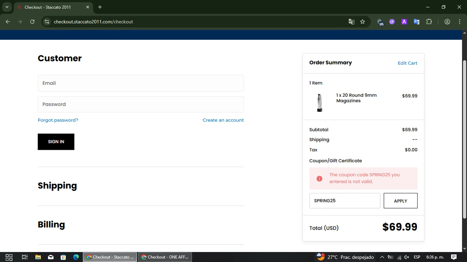 Staccato 2011 coupon code screenshot showing code SPRING25 applied at Staccato 2011 checkout page. Uploaded by SimplyCodes community member TreasureSleuth109 on Dec 4, 2025