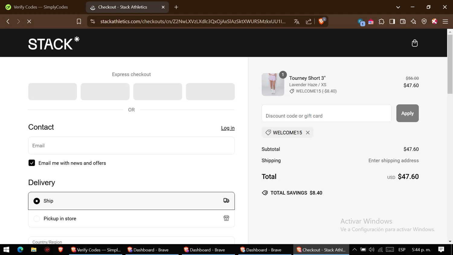 Stack Athletics promo code screenshot showing code WELCOME15 applied at Stack Athletics checkout page. Uploaded by SimplyCodes community member ThriftyGenius6699 on Mar 11, 2025