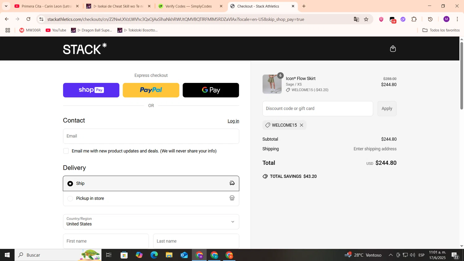 Stack Athletics promo code screenshot showing code WELCOME15 applied at Stack Athletics checkout page. Uploaded by SimplyCodes community member cod_gakpo on Jun 17, 2025