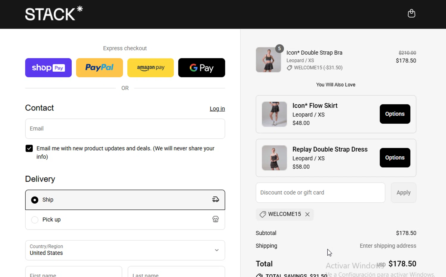 Stack Athletics promo code screenshot showing code WELCOME15 applied at Stack Athletics checkout page. Uploaded by SimplyCodes community member danyx_gx on Jul 30, 2025