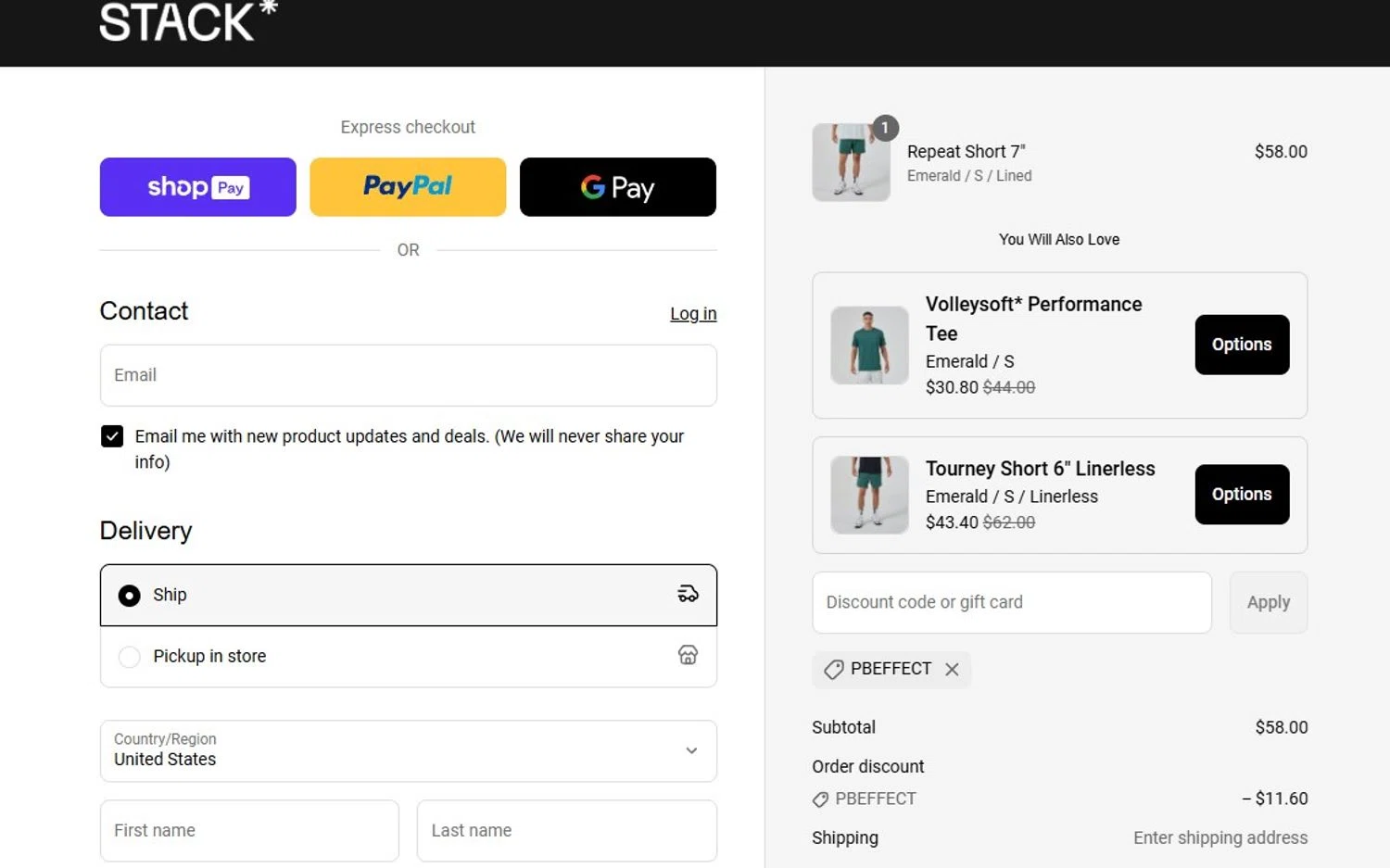 Stack Athletics promo code screenshot showing code PBEFFECT applied at Stack Athletics checkout page. Uploaded by SimplyCodes community member Olorinnnnn on Jul 12, 2025