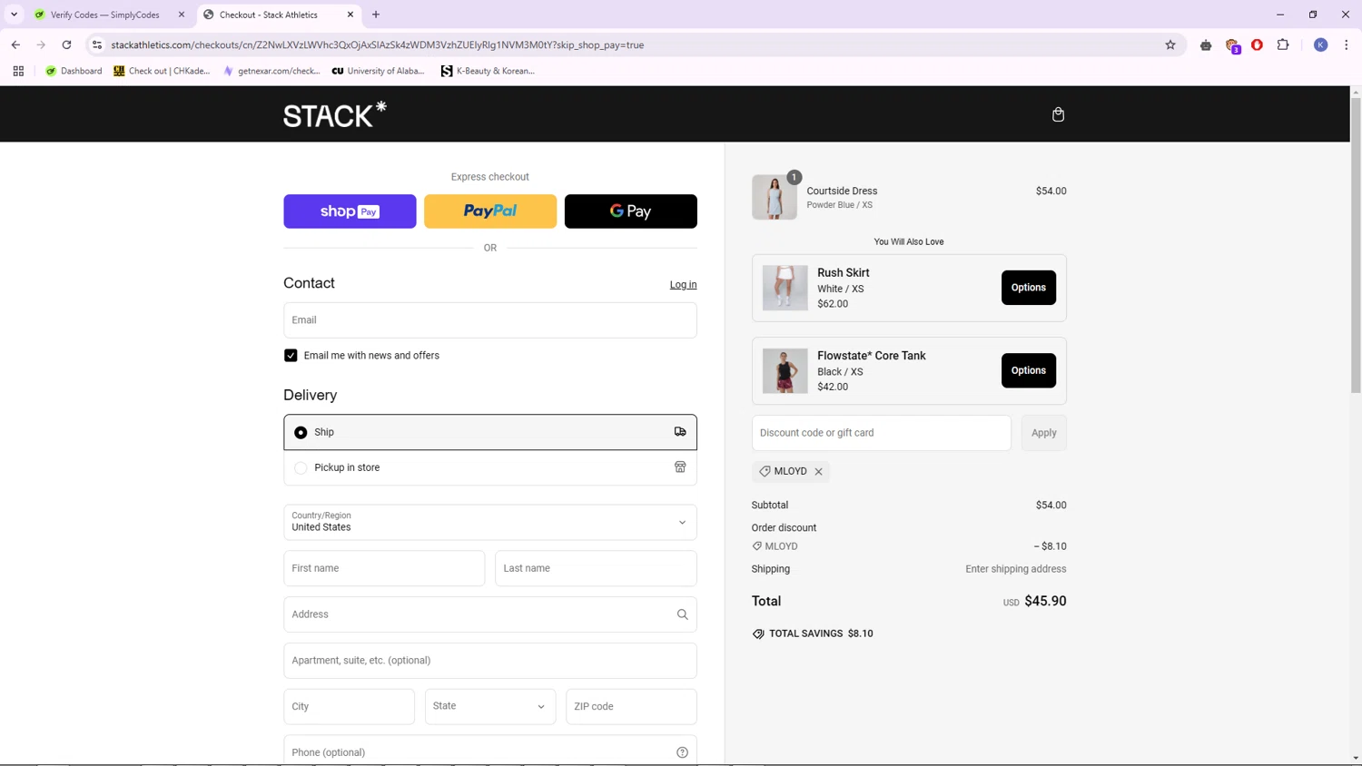 Stack Athletics promo code screenshot showing code MLOYD applied at Stack Athletics checkout page. Uploaded by SimplyCodes community member CleverFalcon7771 on Mar 11, 2025