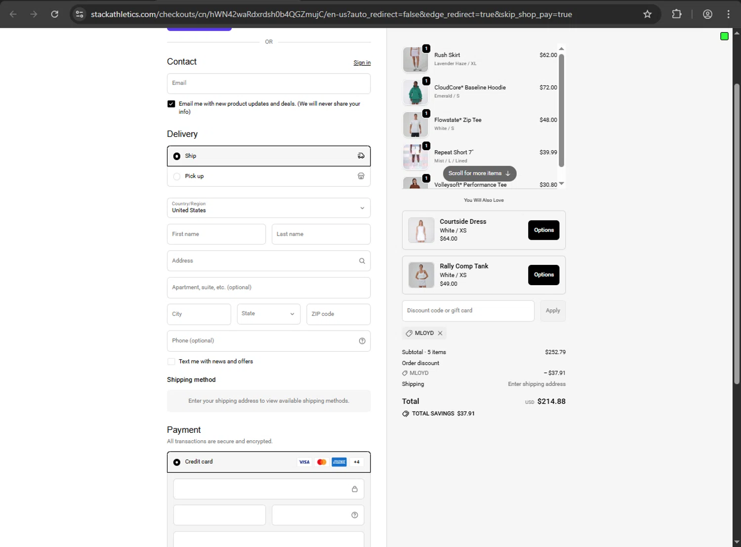 Stack Athletics promo code screenshot showing code MLOYD applied at Stack Athletics checkout page. Uploaded by SimplyCodes community member nikelson on Oct 12, 2025