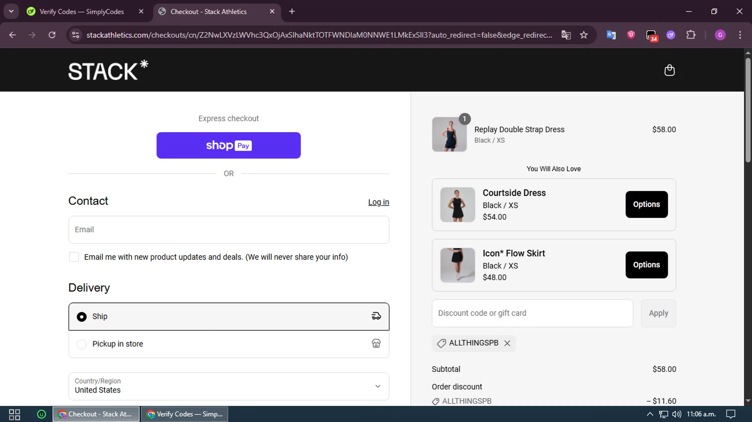 Stack Athletics promo code screenshot showing code allthingspb applied at Stack Athletics checkout page. Uploaded by SimplyCodes community member RewardHero5435 on Jun 17, 2025