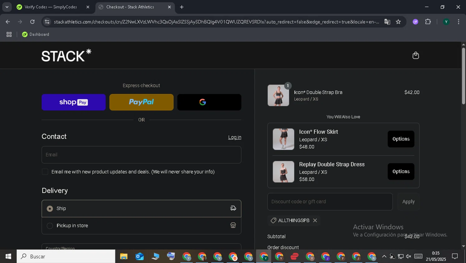 Stack Athletics promo code screenshot showing code allthingspb applied at Stack Athletics checkout page. Uploaded by SimplyCodes community member WisePro2347 on May 21, 2025